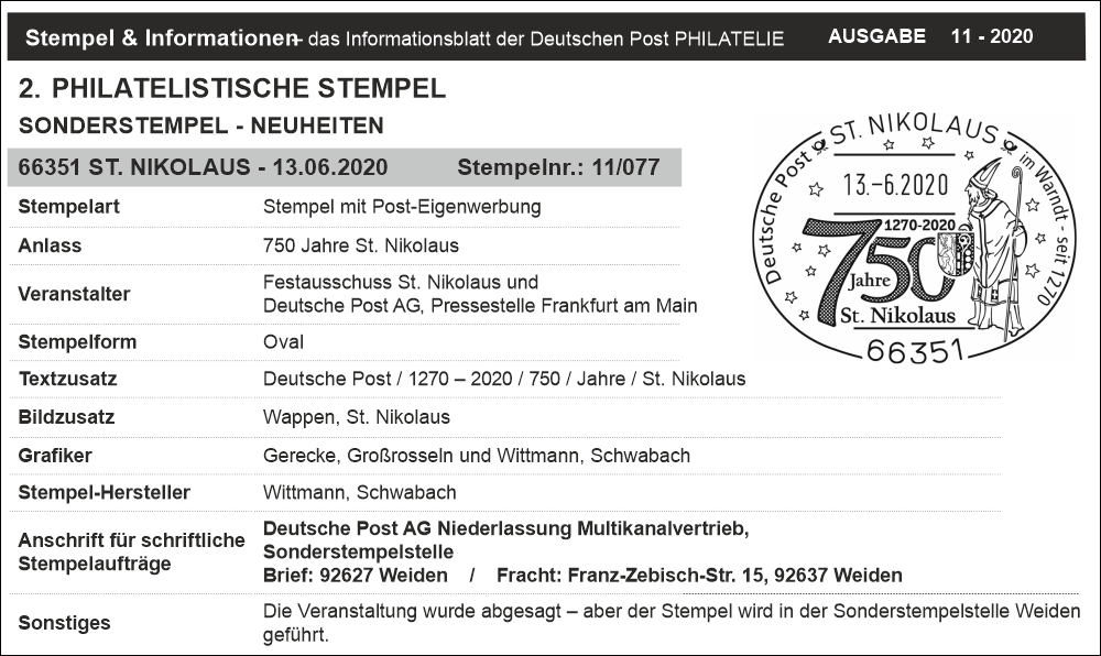 Nikolaus Sonderstempel - 750 Jahre St. Nikolaus